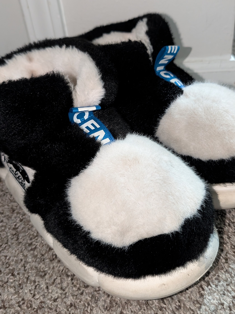 Black & White Fuzzy Pom-Pom Slip-On Sneakers